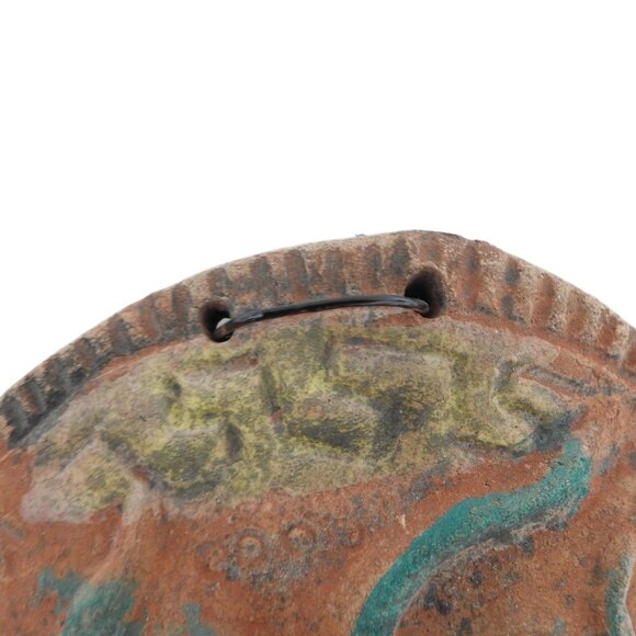 Aztec Mayan Warrior Terracotta Clay Wall Mask Alligators Brass Beard 10" Mexico - Picture 3 of 11